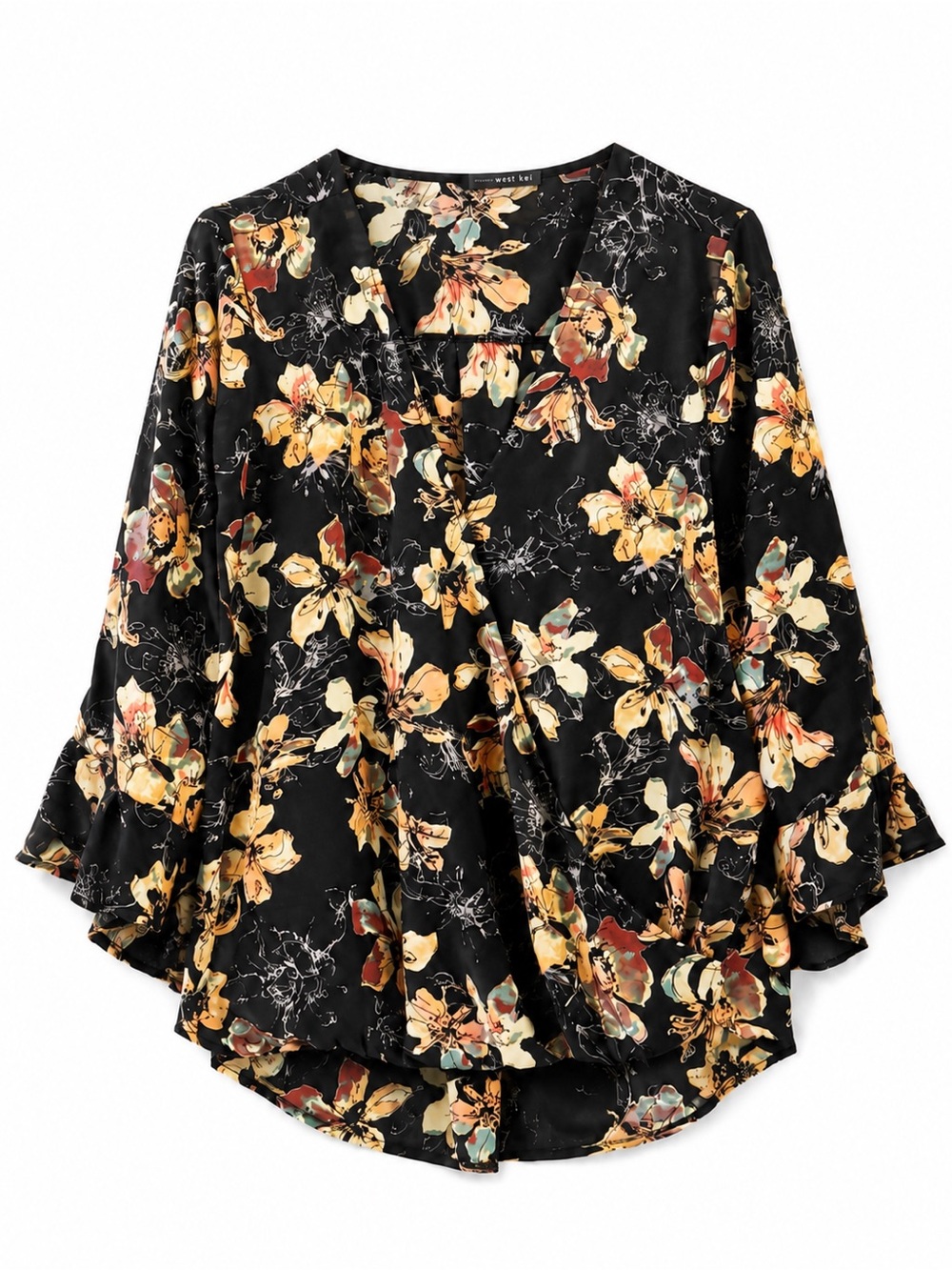 West Kei Women's Black Floral Open Front Flare Sleeve Blouse Size Large - Picture 1 of 9